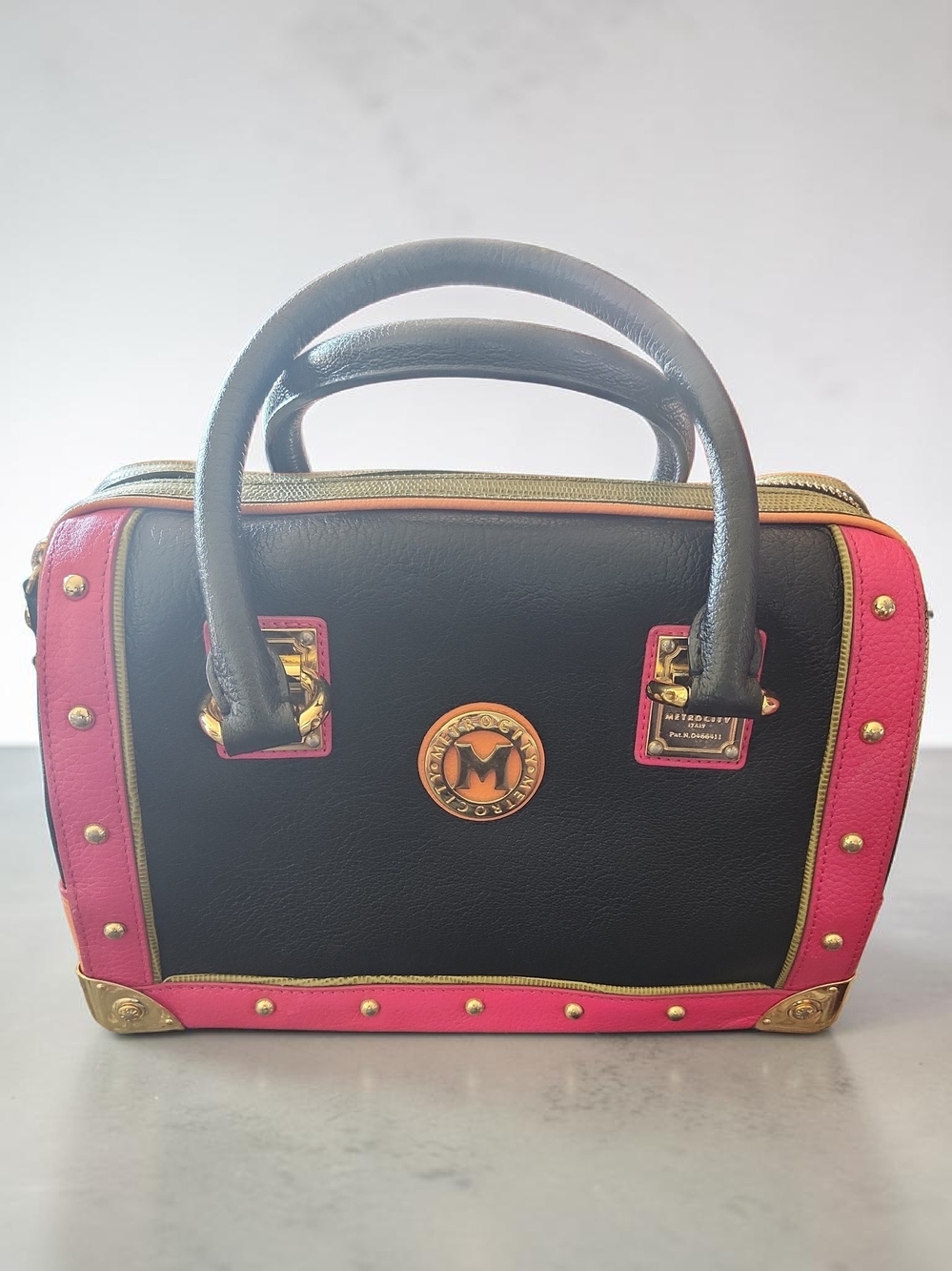 Limited Edition Metro City Black & Pink Mixed Leathers Structure Boston Handbag
